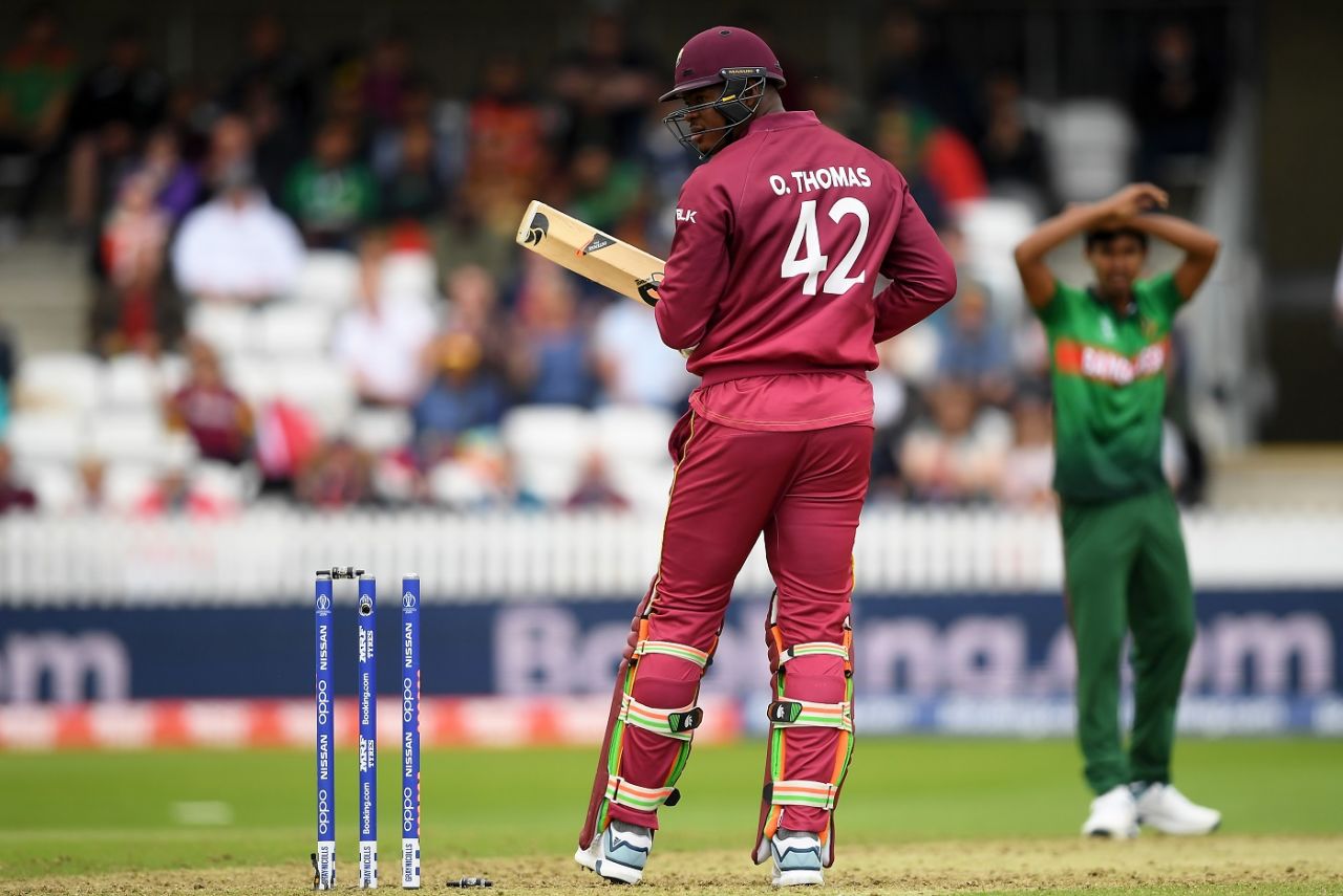Oshane Thomas looks back as he dislodges a bail on his follow through, Bangladesh v West Indies, World Cup 2019, Taunton, June 17, 2019