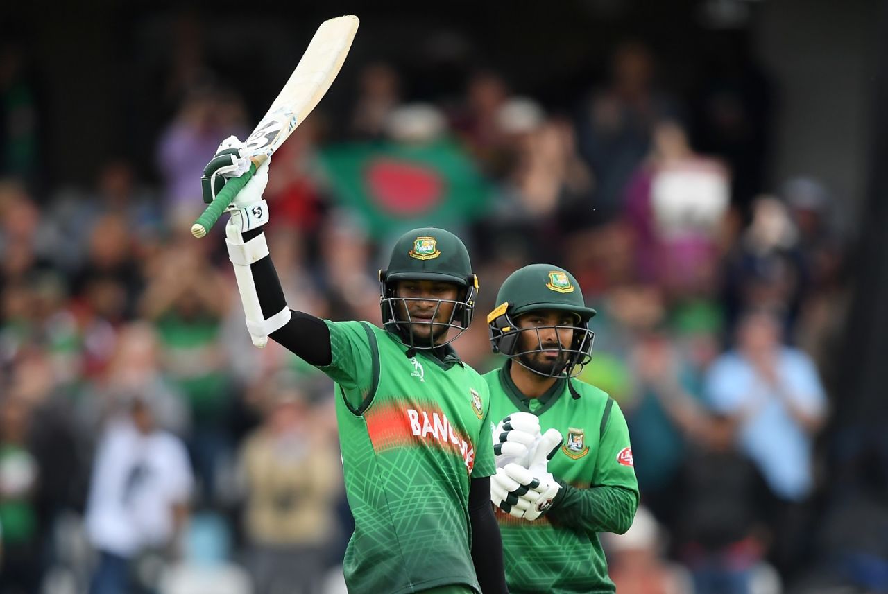 Shakib Al Hasan celebrates his century with Liton Das, Bangladesh v West Indies, World Cup 2019, Taunton, June 17, 2019