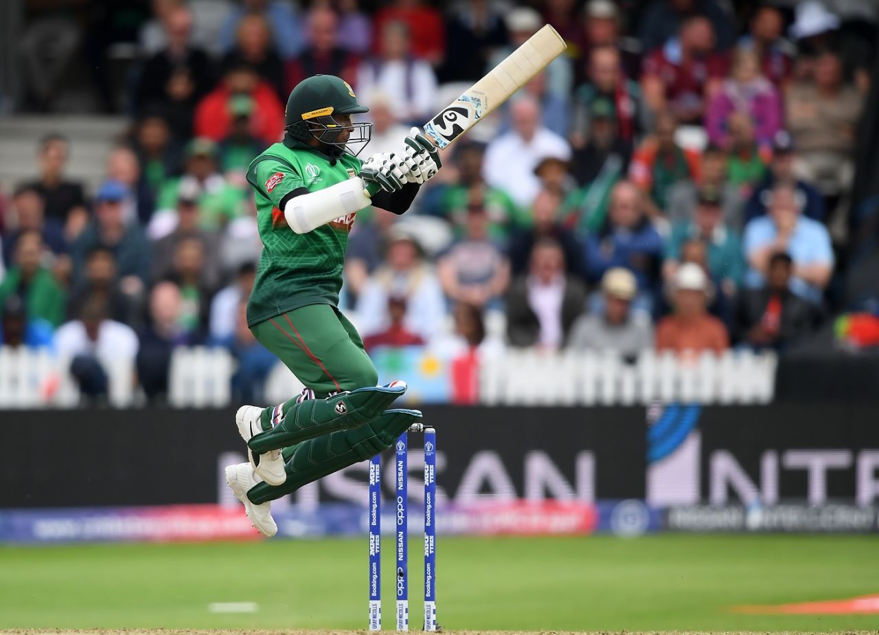 Feet off the ground as Shakib Al Hasan plays a square cut, Bangladesh v West Indies, World Cup 2019, Taunton, June 17, 2019