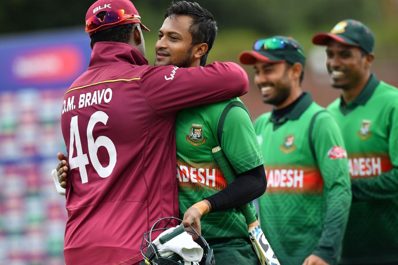 Darren Bravo congratulates Shakib Al Hasan after his match-winning century, Bangladesh v West Indies, World Cup 2019, Taunton, June 17, 2019
