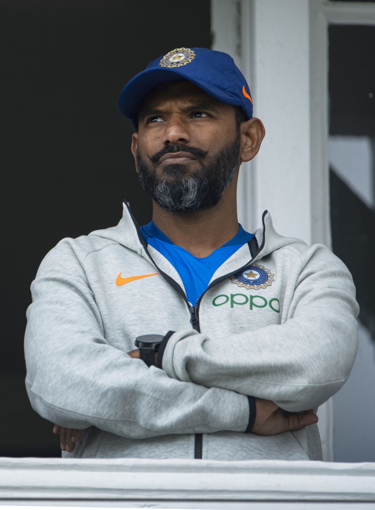 R Sridhar, India fielding coach, waits for the rain to stop, India v New Zealand, World Cup 2019, Trent Bridge, Nottingham, England, June 13, 2019