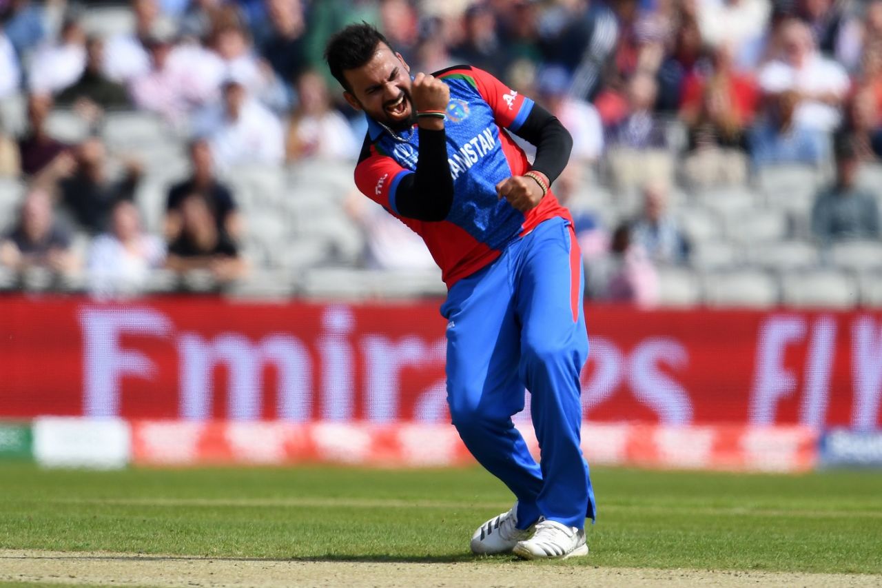 Dawlat Zadran celebrates taking the wicket of James Vince, England v Afghanistan, World Cup 2019, Manchester, June 18, 2019