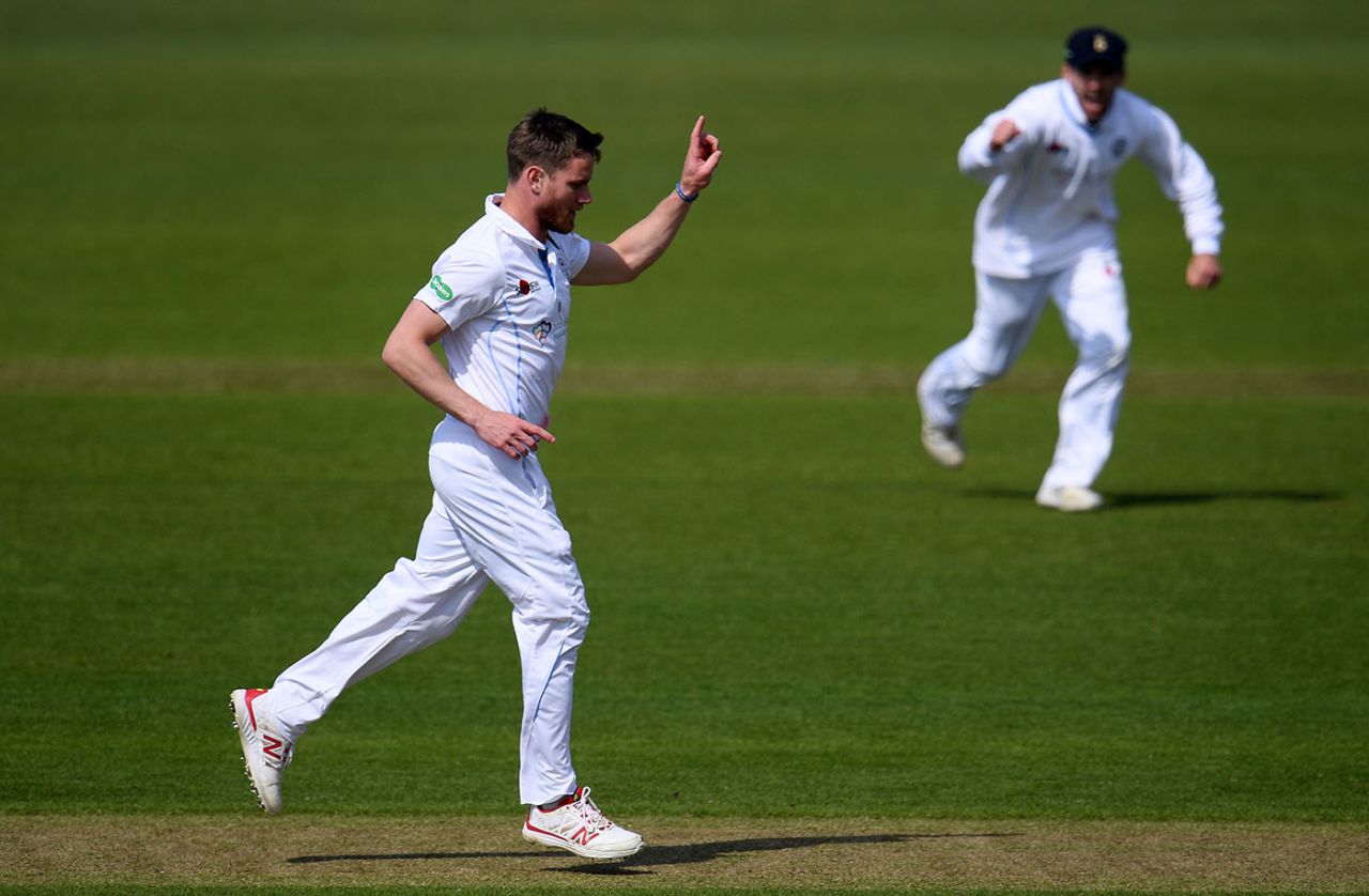 Luis Reece of Derbyshire celebrates after dismissing Miles Hammond of Gloucestershire, County Championship Division Two, Bristol County Ground, April 12, 2019 in Bristol