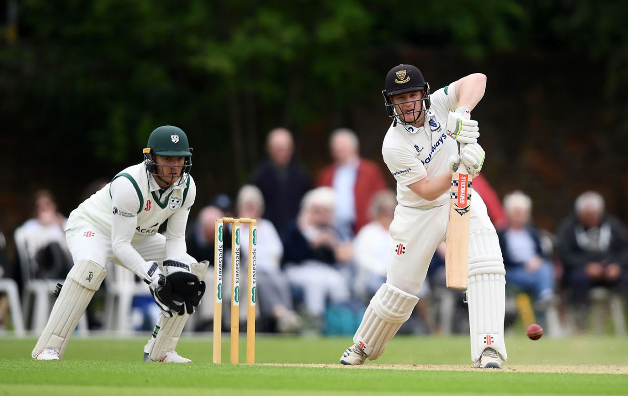 Ben Brown bats as Ben Cox looks on, Worcestershire v Sussex, County Championship Division Two, Chester Road, Kidderminster, June 18, 2019