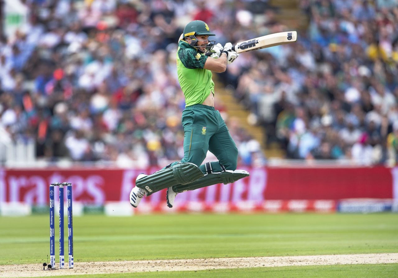 Aiden Markram takes flight as he plays a shot, South Africa v New Zealand, World Cup 2019, Birmingham, June 19, 2019