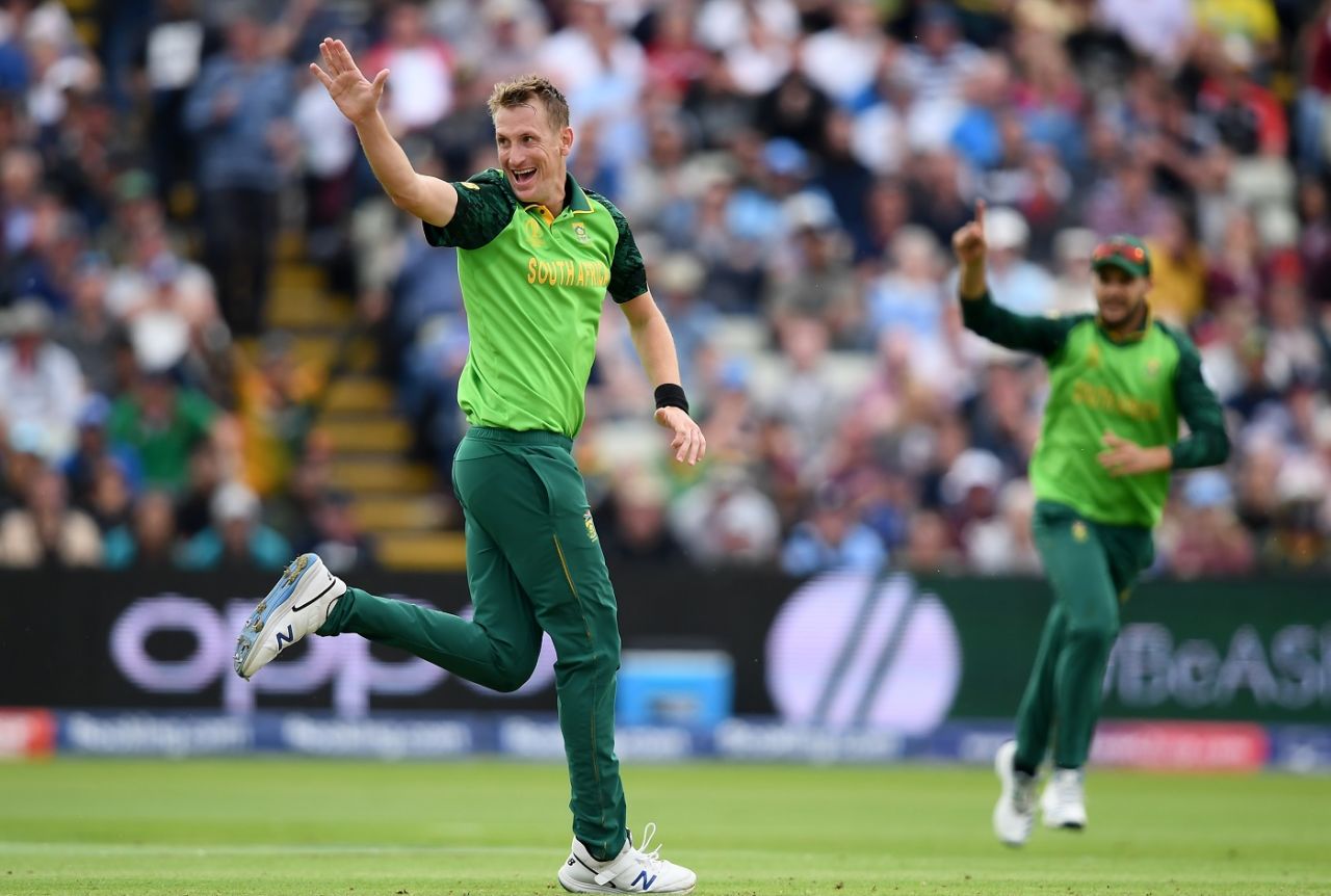 Chris Morris celebrates taking the wicket of Ross Taylor, South Africa v New Zealand, World Cup 2019, Birmingham, June 19, 2019