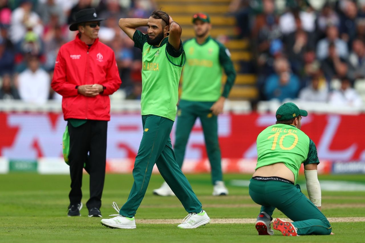 Imran Tahir shows his frustration, South Africa v New Zealand, World Cup 2019, Birmingham, June 19, 2019
