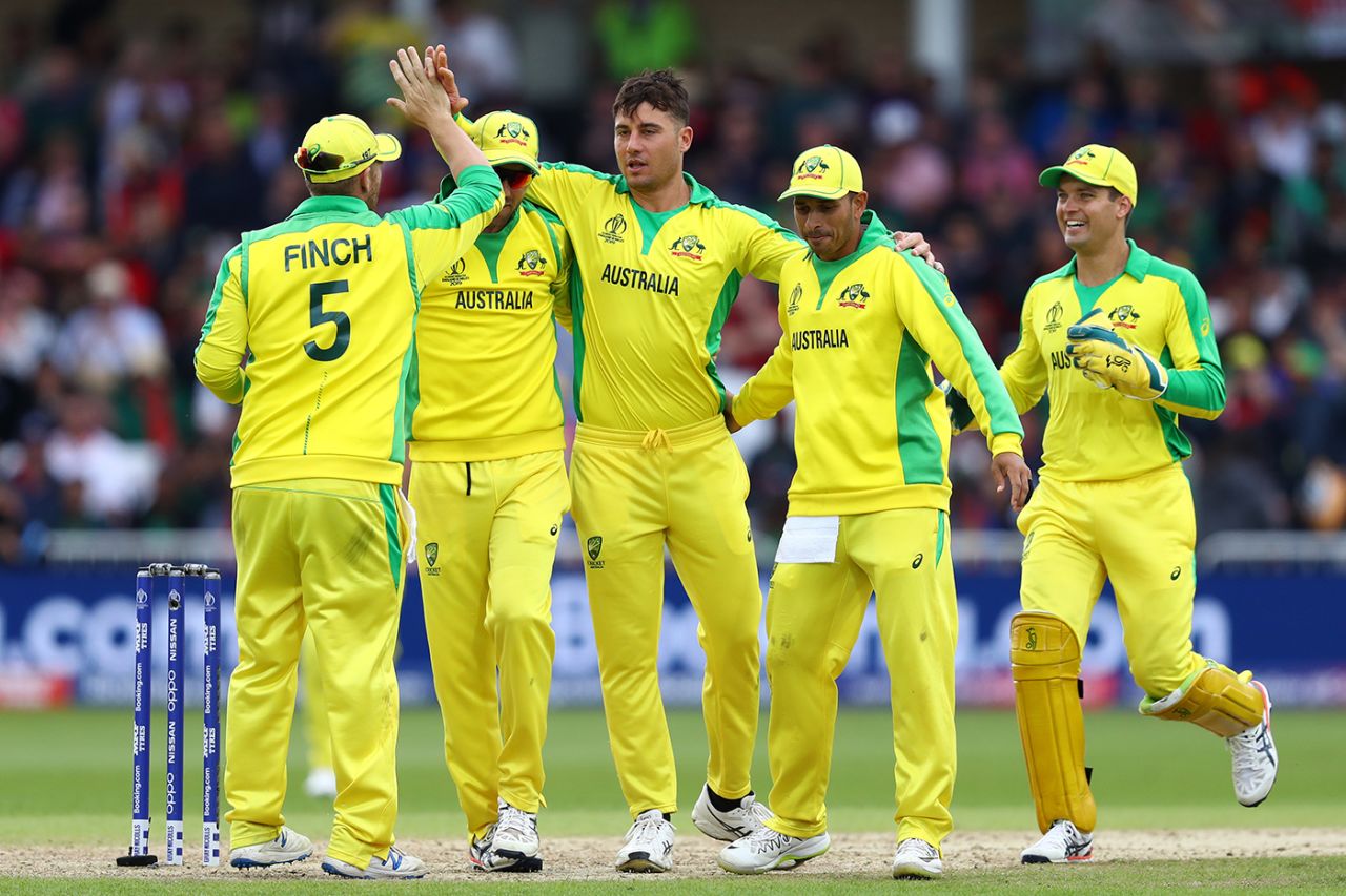 Marcus Stoinis is congratulated on a wicket, Australia v Bangladesh, World Cup 2019, Trent Bridge, June 20, 2019