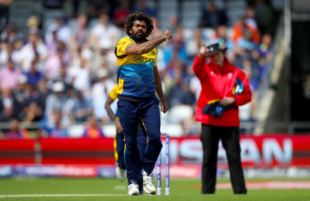  Lasith Malinga celebrates the wicket of Jonny Bairstow, England v Sri Lanka, World Cup 2019, Headingley, June 21, 2019