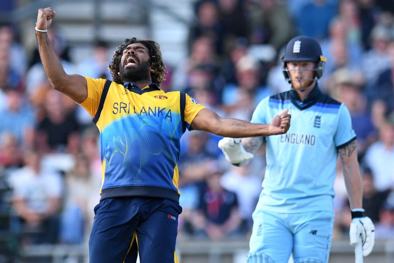 Lasith Malinga celebrates the wicket of Jos Buttler as Ben Stokes looks on, England v Sri Lanka, World Cup 2019, Headingley, June 21, 2019