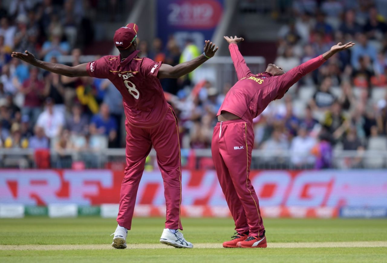Jason Holder celebrates with wicket-taker Sheldon Cottrell, New Zealand v West Indies, World Cup 2019, Manchester, June 22, 2019
