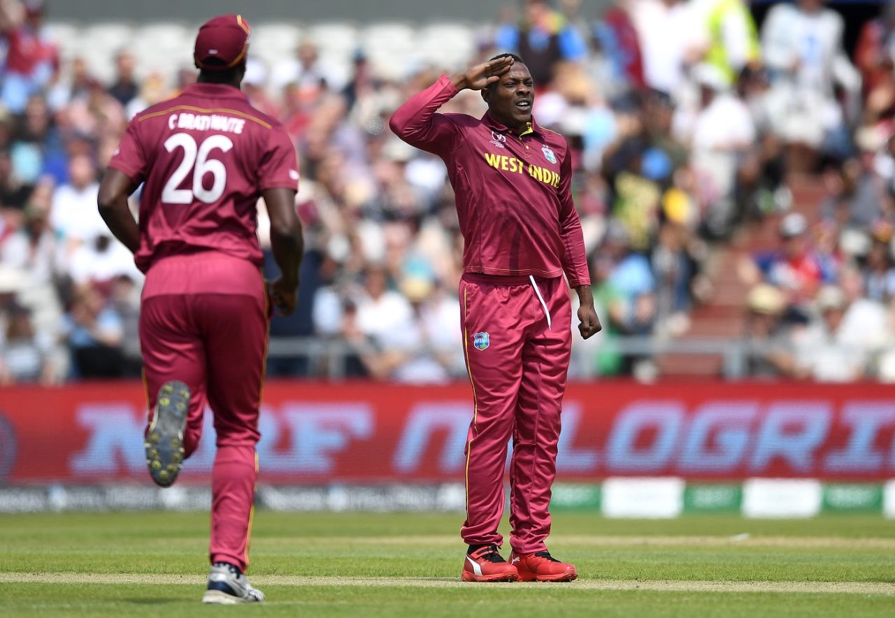 Sheldon Cottrell does his trademark celebration after sending back the New Zealand openers for golden ducks, New Zealand v West Indies, World Cup 2019, Manchester, June 22, 2019