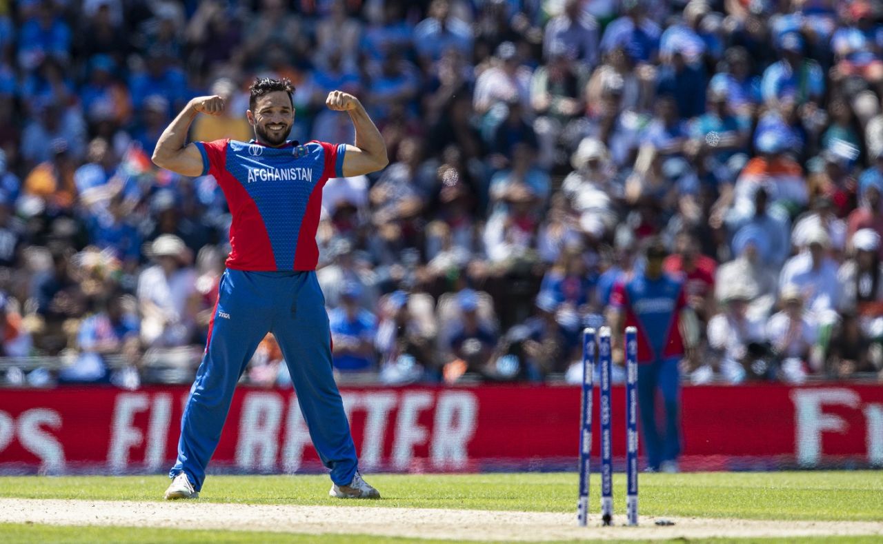 Gulbadin Naib with his signature celebration after dismissing Mohammed Shami, Afghanistan v India, World Cup 2019, Southampton, June 22, 2019