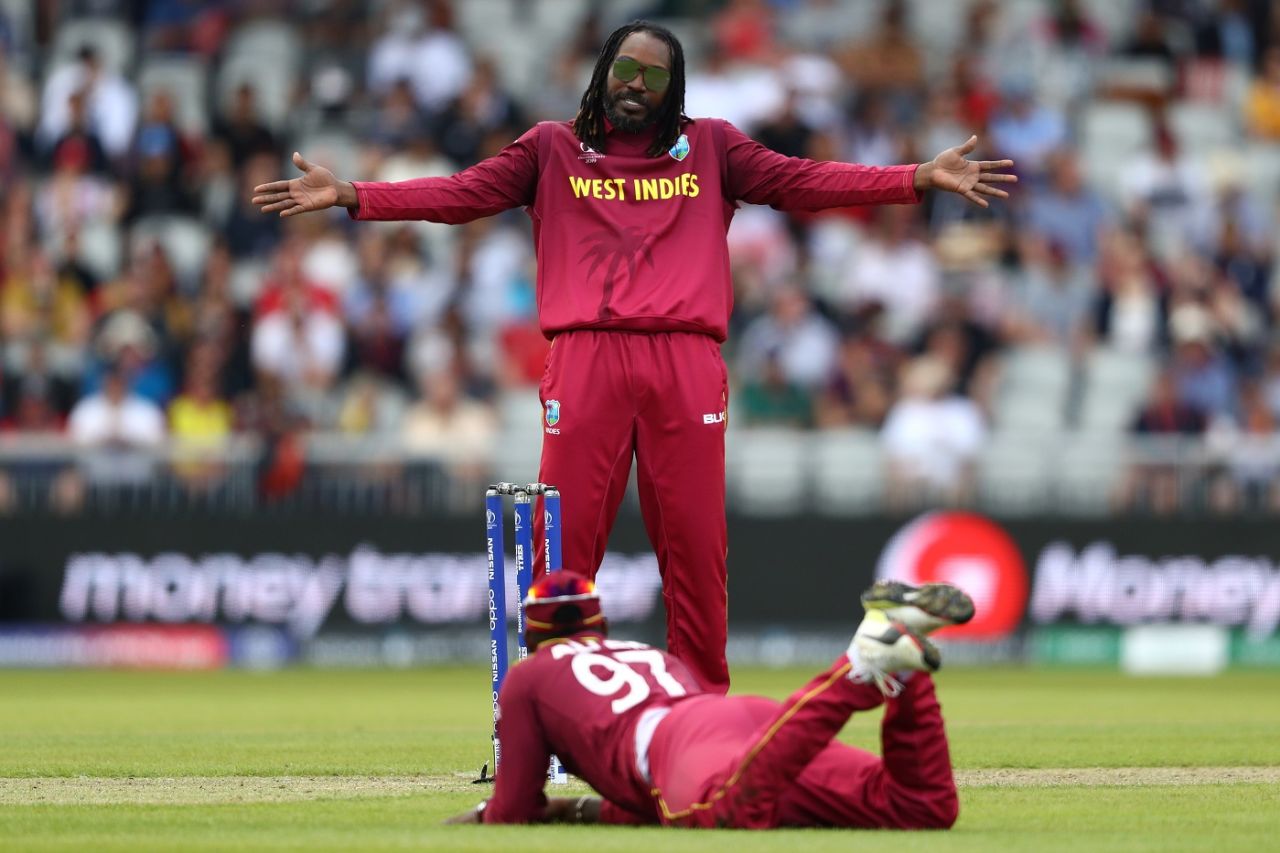 Chris Gayle gesticulates as Fabian Allen misfields off his bowling, New Zealand v West Indies, World Cup 2019, Manchester, June 22, 2019