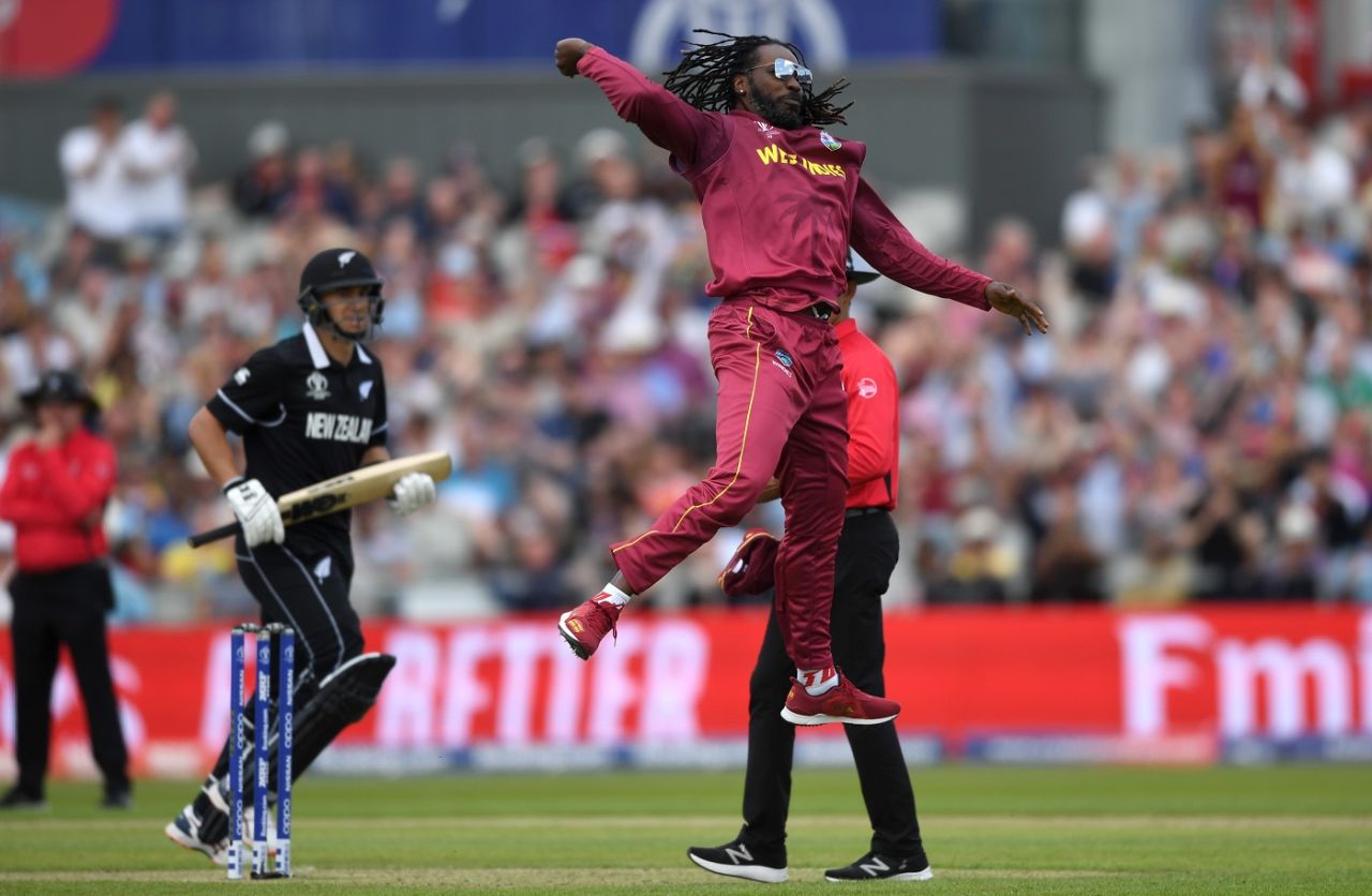 Chris Gayle celebrates dismissing Ross Taylor, New Zealand v West Indies, World Cup 2019, Manchester, June 22, 2019