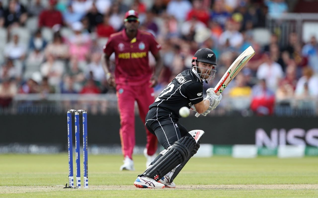 Kane Williamson plays one of his trademark dabs down to third man on his way to a century, New Zealand v West Indies, World Cup 2019, Manchester, June 22, 2019