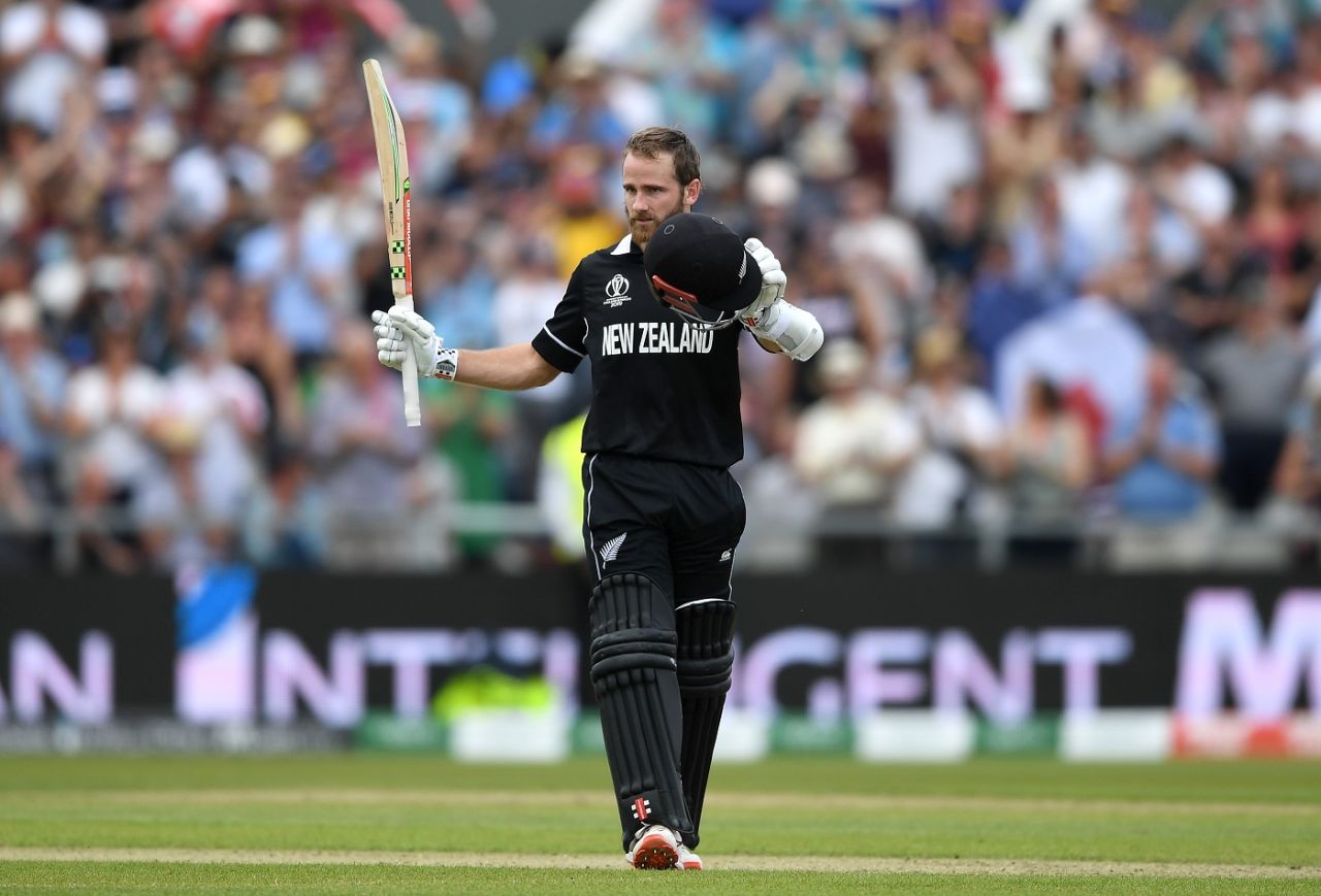 Kane Williamson celebrates reaching his second consecutive century of the World Cup, New Zealand v West Indies, World Cup 2019, Manchester, June 22, 2019