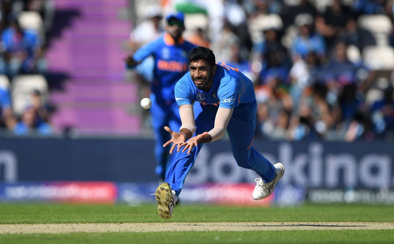 Jasprit Bumrah dives to catch Hashmatullah Shahidi off his own bowling, Afghanistan v India, World Cup 2019, Southampton, June 22, 2019