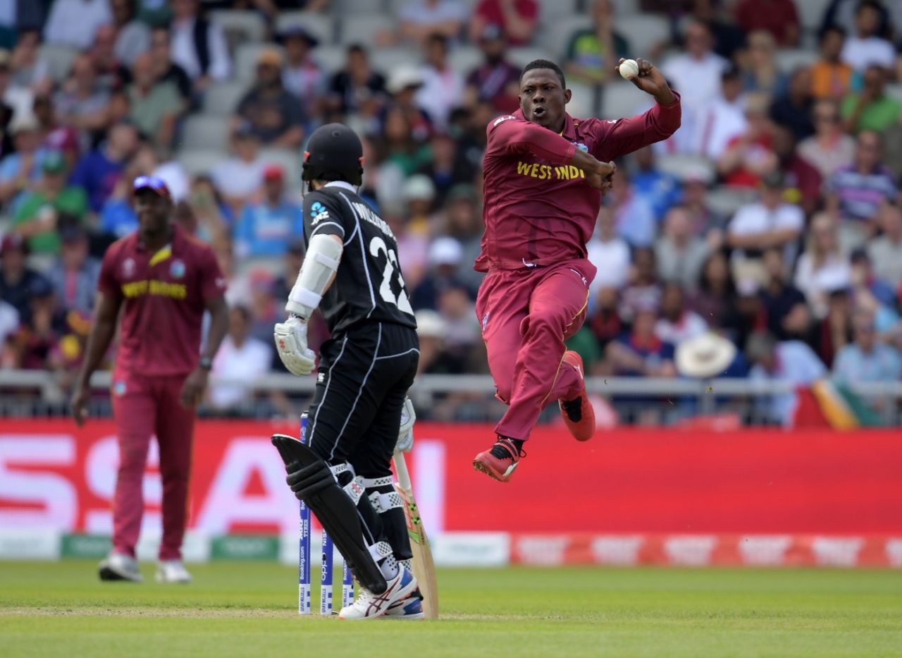 Sheldon Cottrell took 4/56 including two in the opening over, New Zealand v West Indies, World Cup 2019, Manchester, June 22, 2019