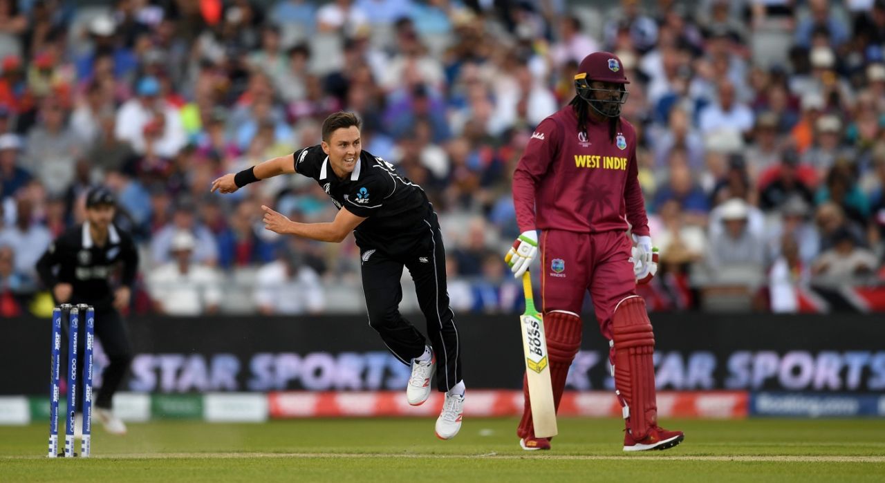 Trent Boult bowls as Chris Gayle looks on, New Zealand v West Indies, World Cup 2019, Manchester, June 22, 2019