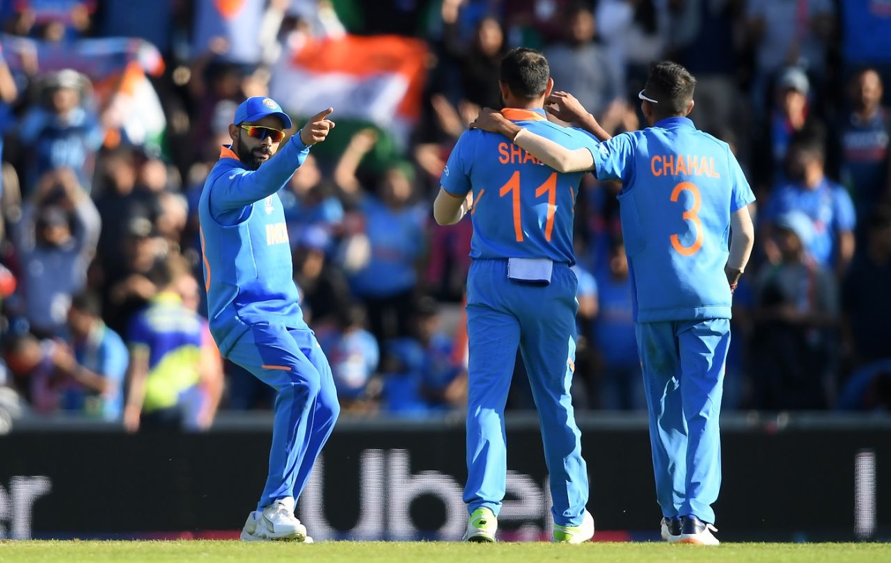 Virat Kohli congratulates Mohammed Shami after the all-important wicket of Mohammad Nabi, Afghanistan v India, World Cup 2019, Southampton, June 22, 2019