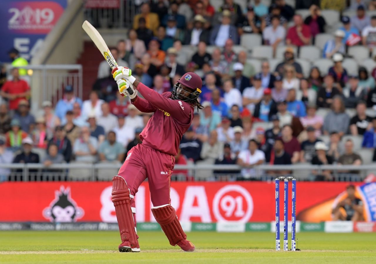 Chris Gayle pulls one to the boundary, New Zealand v West Indies, World Cup 2019, Manchester, June 22, 2019