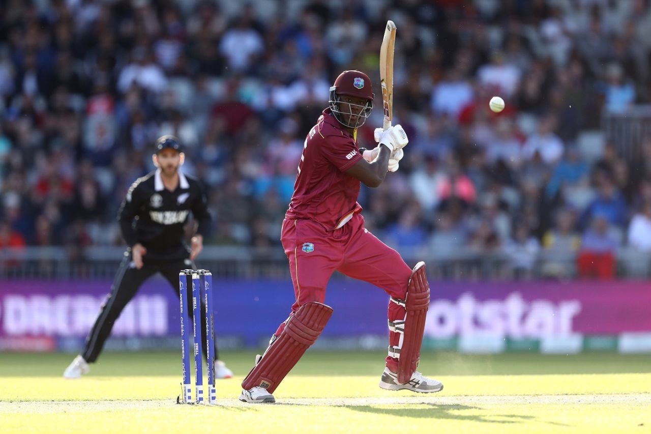 Carlos Brathwaite guides a ball through the offside, New Zealand v West Indies, World Cup 2019, Manchester, June 22, 2019