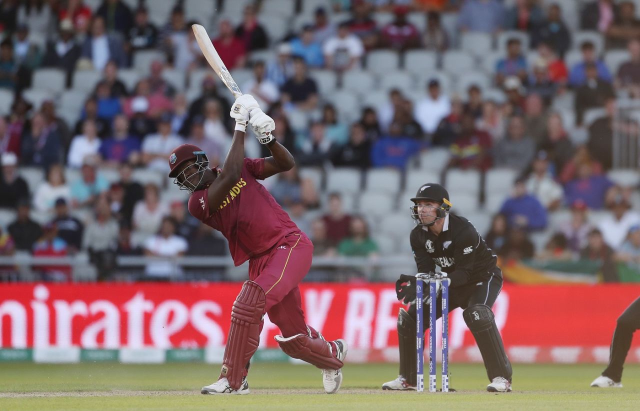 Carlos Brathwaite plays a shot through the onside, New Zealand v West Indies, World Cup 2019, Manchester, June 22, 2019