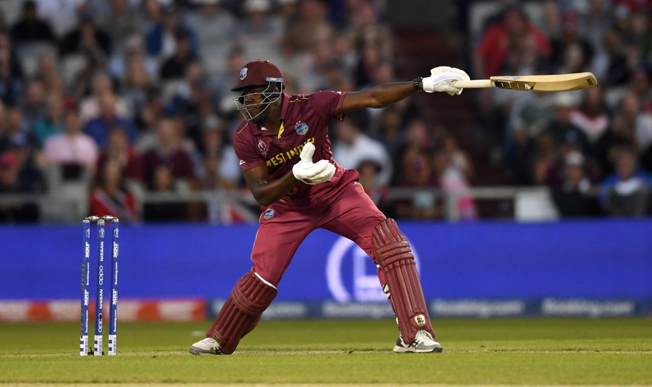Carlos Brathwaite smashes a six over point, New Zealand v West Indies, World Cup 2019, Manchester, June 22, 2019