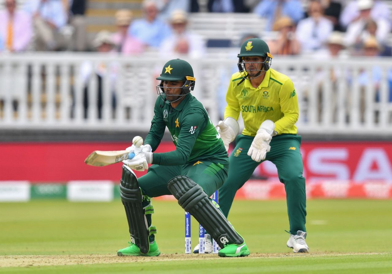 Fakhar Zaman scoops the ball to Hashim Amla at first slip off Imran Tahir, Pakistan v South Africa, World Cup 2019, Lords, June 7, 2019
