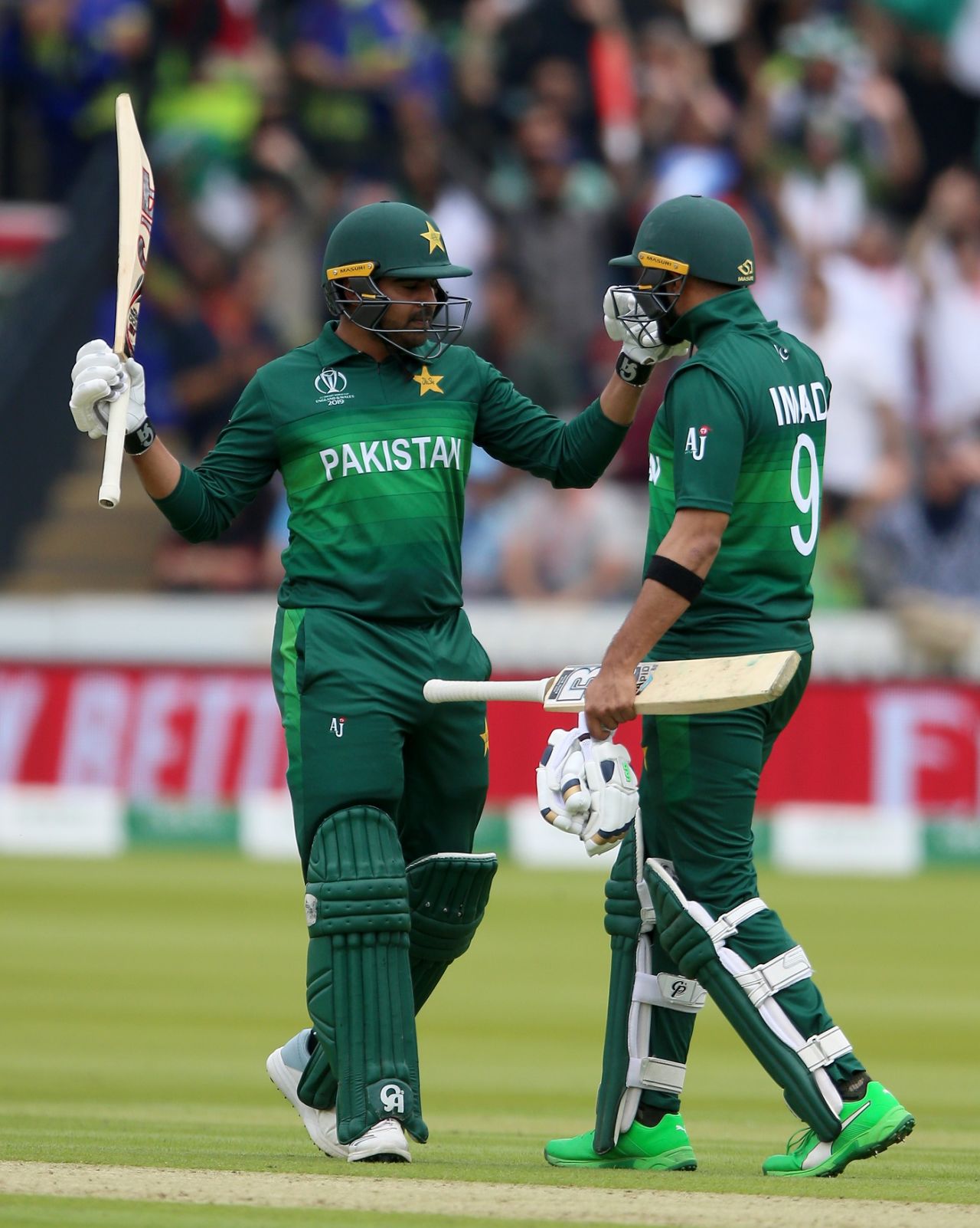 Haris Sohail celebrates reaching his half century with Imad Wasim, Pakistan v South Africa, World Cup 2019, Lords, June 7, 2019