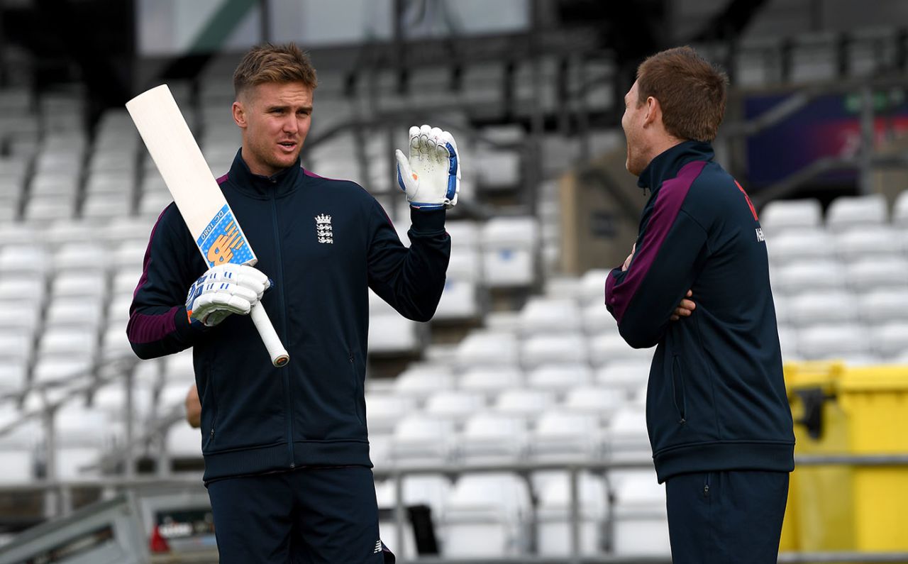 Jason Roy of England speaks with captain Eoin Morgan during a nets session at Headingley, June 20, 2019