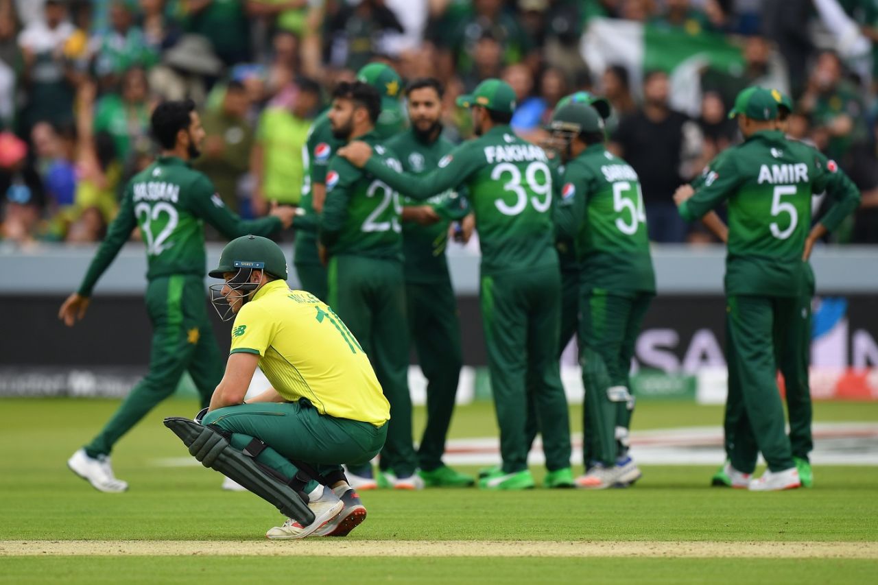 David Miller is on his haunches after Pakistan take another wicket, Pakistan v South Africa, World Cup 2019, Lords, June 7, 2019
