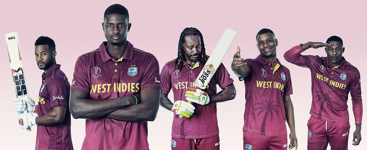From left: Shai Hope, Jason Holder, Chris Gayle, Evin Lewis and Sheldon Cottrell at a portrait session, Bristol, May 25, 2019