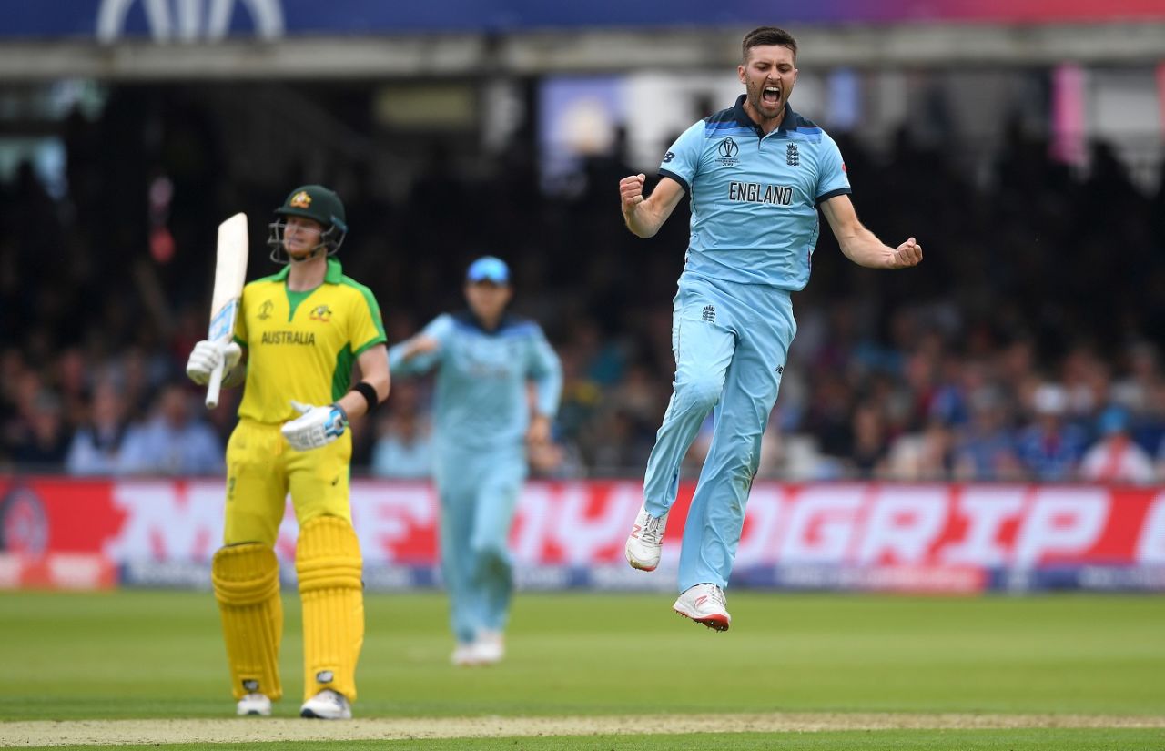 Mark Wood celebrates after dismissing Glenn Maxwell, England v Australia, World Cup 2019, Lord's, June 25, 2019