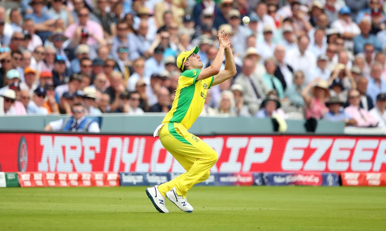Pat Cummins took the catches to dismiss both Jonny Bairstow and Eoin Morgan, England v Australia, World Cup 2019, Lord's, June 25, 2019