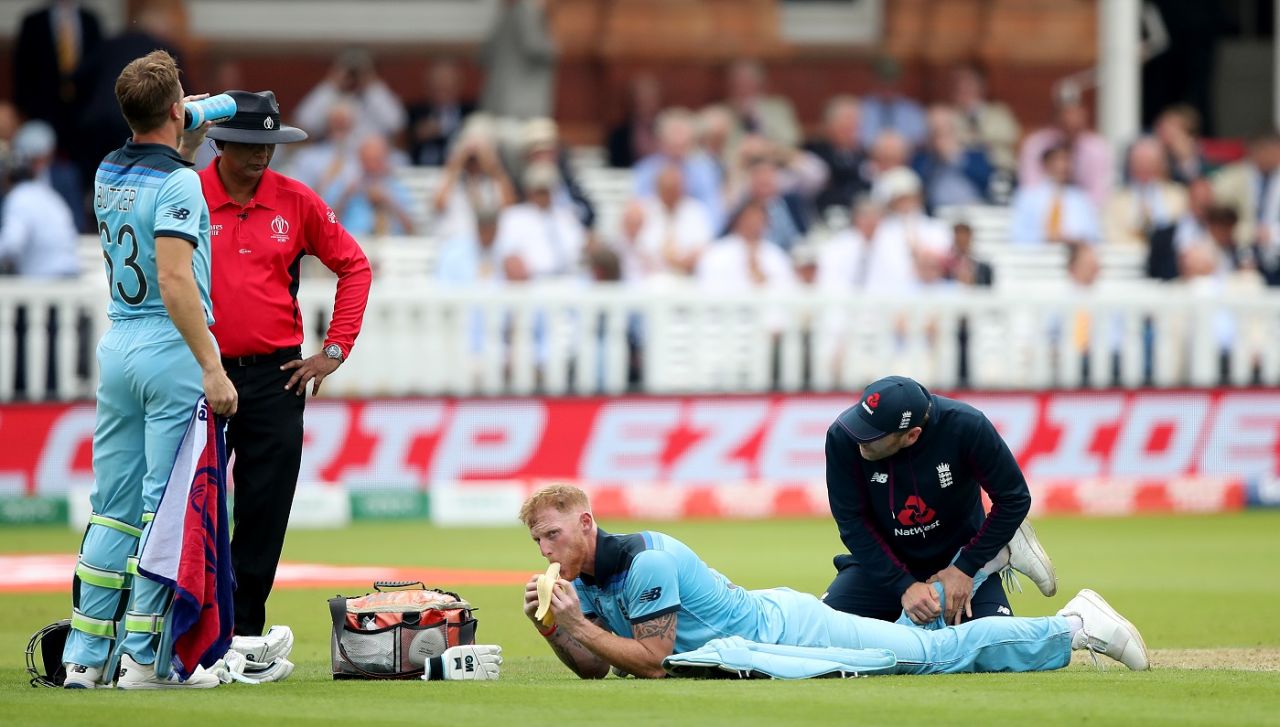 Ben Stokes receives treatment from physio, England v Australia, World Cup 2019, Lord's, June 25, 2019