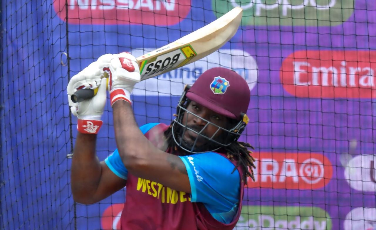 Chris Gayle has a hit in the nets, World Cup 2019, Old Trafford, June 26, 2019