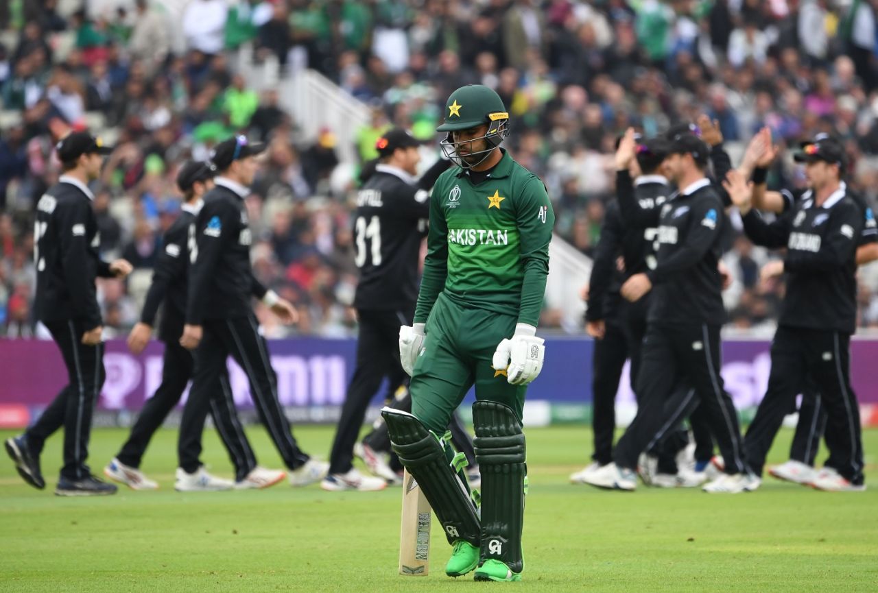 Fakhar Zaman walks back after his dismissal, New Zealand v Pakistan, World Cup 2019, Birmingham, June 26, 2019