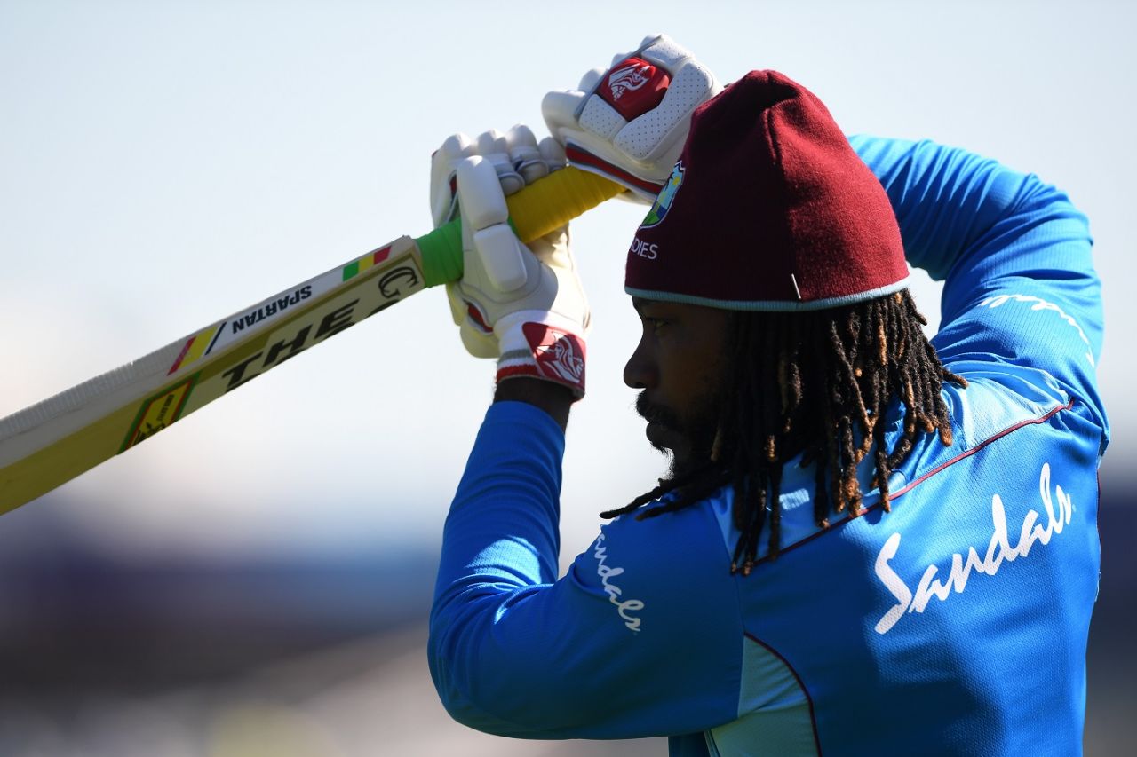 Chris Gayle practices before the match, India v West Indies, World Cup 2019, Old Trafford, June 27, 2019
