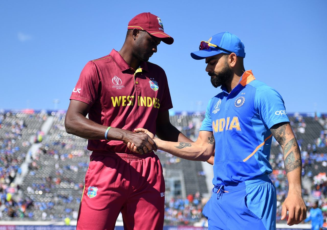 Jason Holder and Virat Kohli shake hands after the latter won the toss, India v West Indies, World Cup 2019, Old Trafford, June 27, 2019