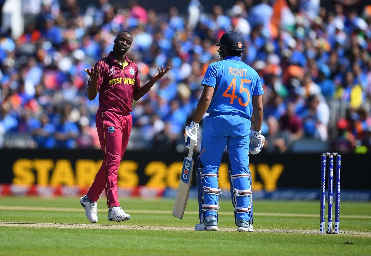 Kemar Roach celevrates Rohit Sharma's dismissal, India v West Indies, World Cup 2019, Old Trafford, June 27, 2019