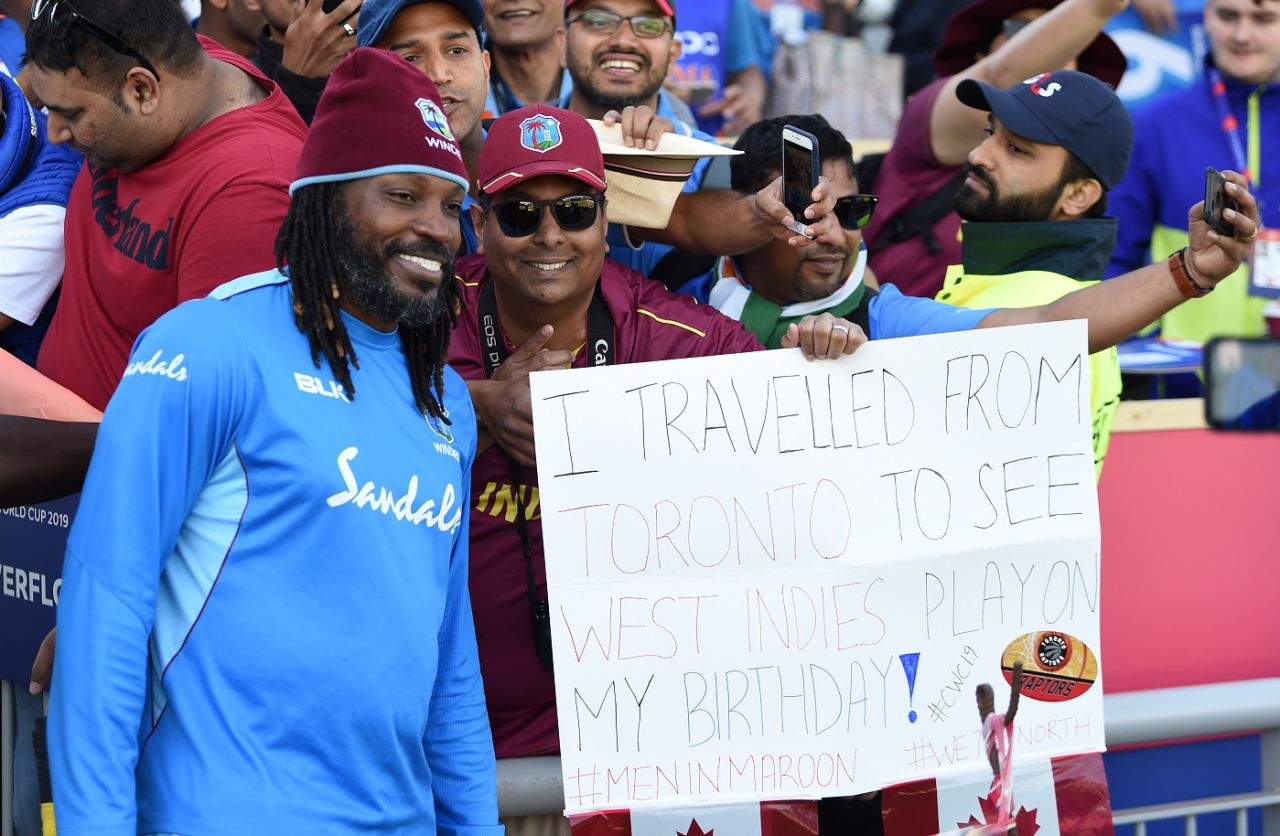 From Canada, with love - a fan poses with Chris Gayle, India v West Indies, World Cup 2019, Old Trafford, June 27, 2019