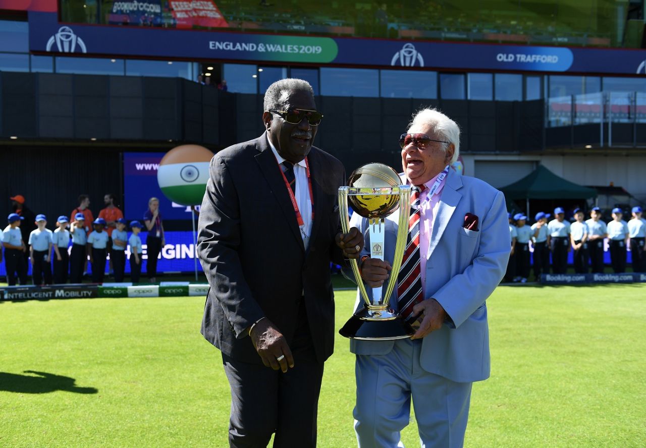Clive Lloyd and Farokh Engineer carry out the trophy prior to the national anthems, India v West Indies, World Cup 2019, Old Trafford, June 27, 2019