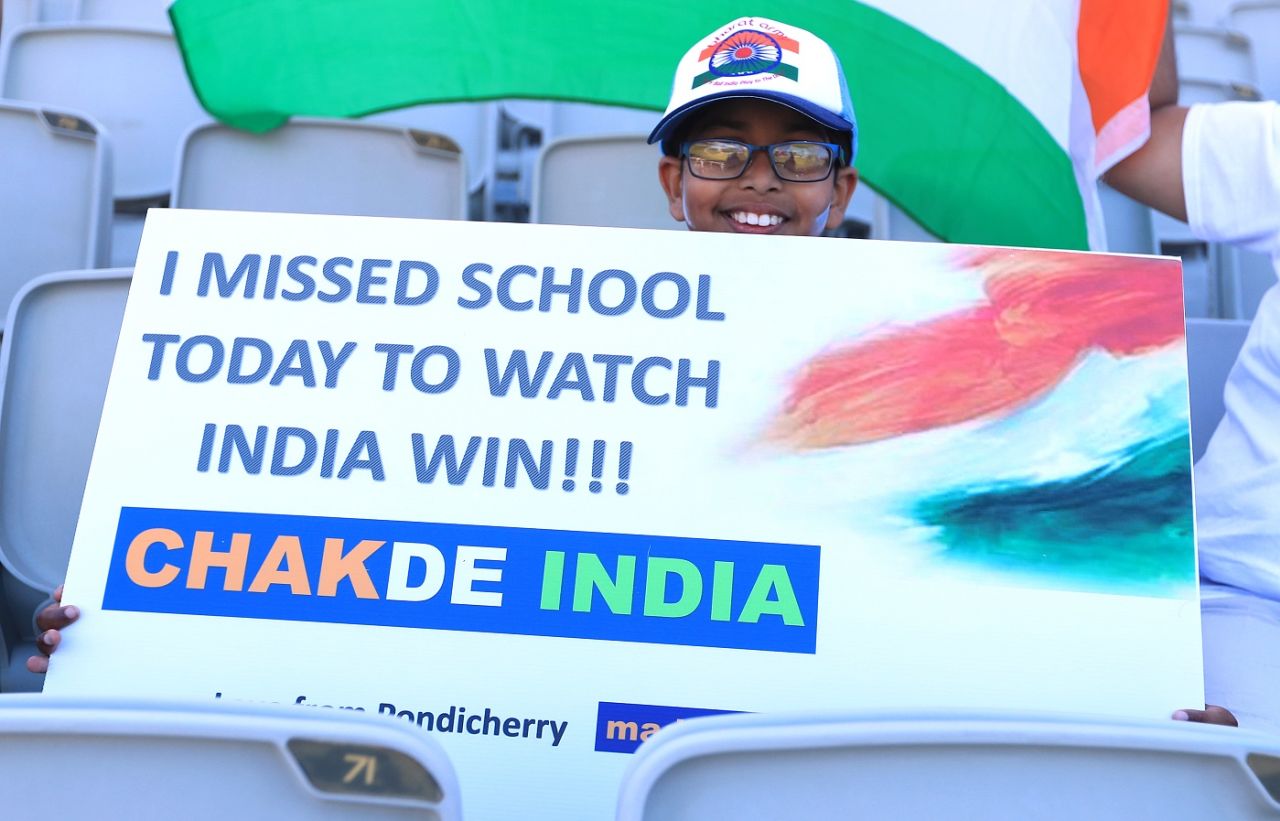 School's out - a young Indian fan poses with a sign, India v West Indies, World Cup 2019, Old Trafford, June 27, 2019