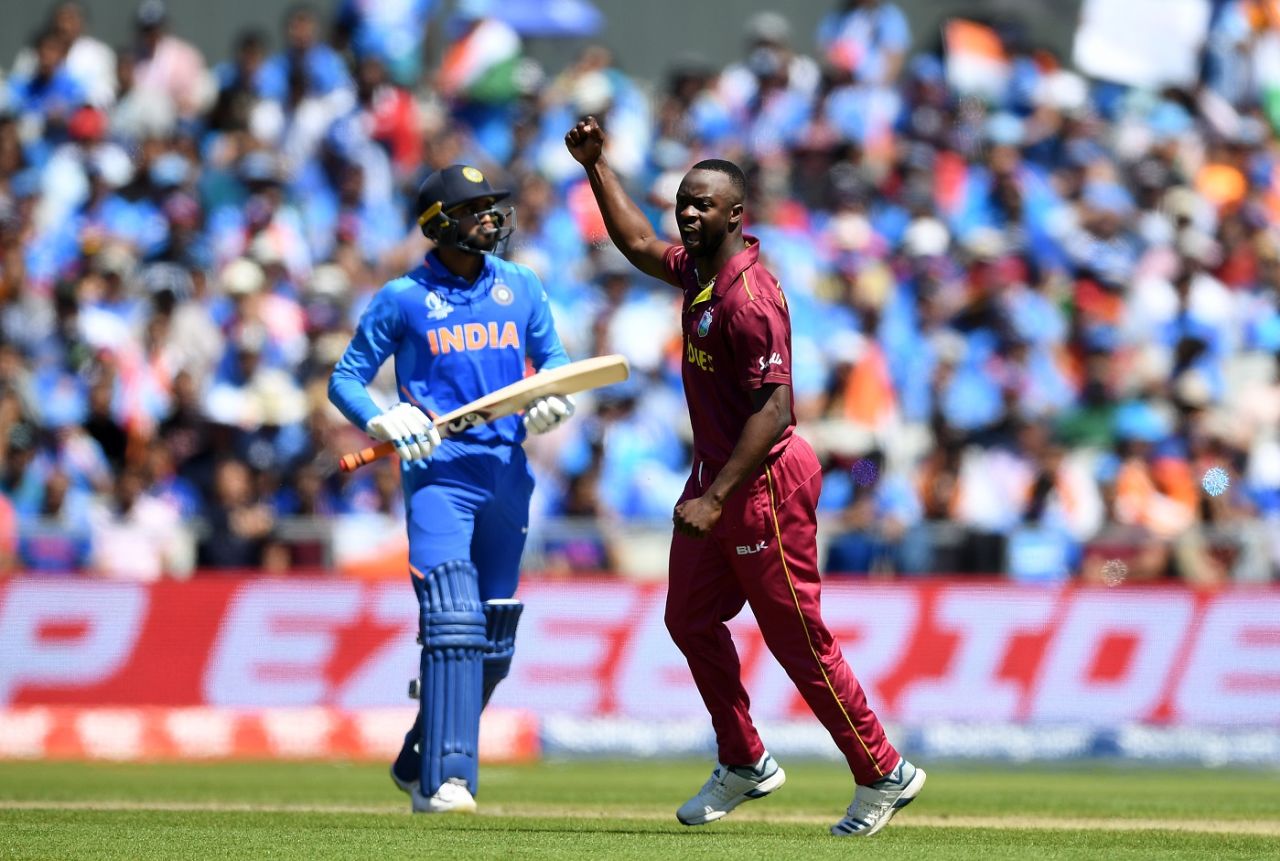 Kemar Roach celebrates after taking the wicket of Vijay Shankar, India v West Indies, World Cup 2019, Old Trafford, June 27, 2019