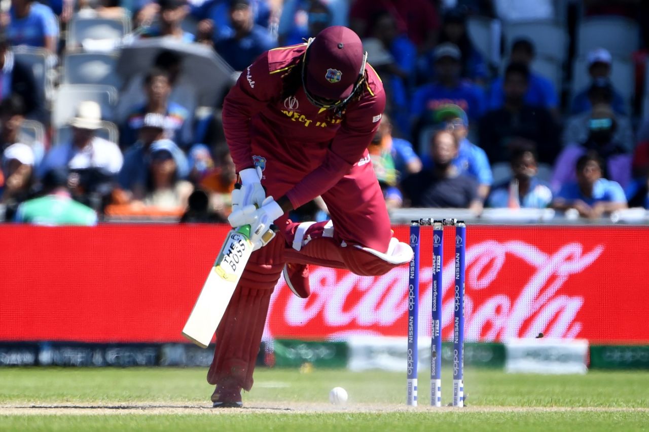 Chris Gayle struggles against a yorker, India v West Indies, Old Trafford, June 27, 2019
