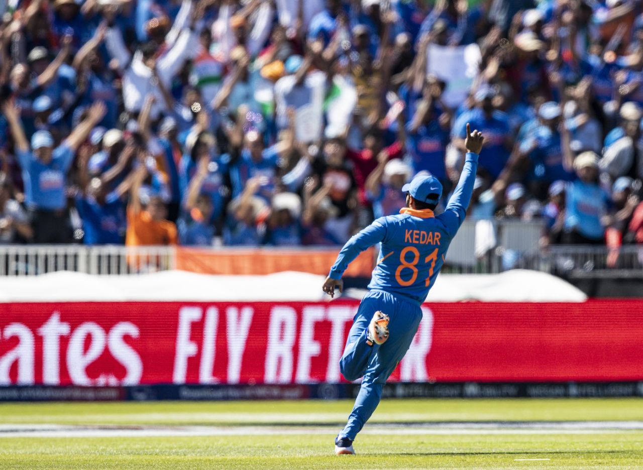 Kedar Jadhav rejoices after taking Chris Gayle's catch, India v West Indies, World Cup 2019, Old Trafford, June 27, 2019