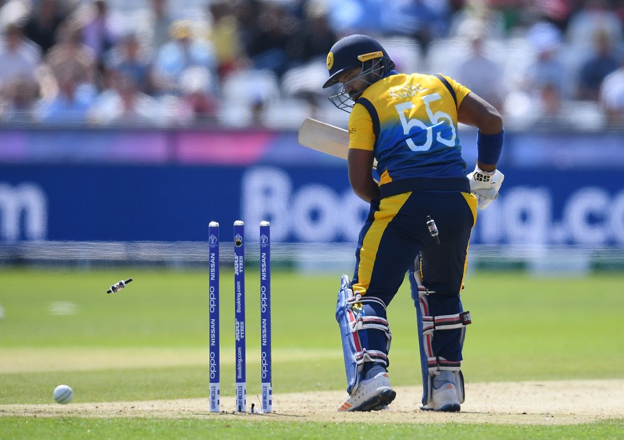 Kusal Perera looks back after being bowled by Dwaine Pretorius, South Africa v Sri Lanka, World Cup 2019, Chester-le-Street, June 28, 2019