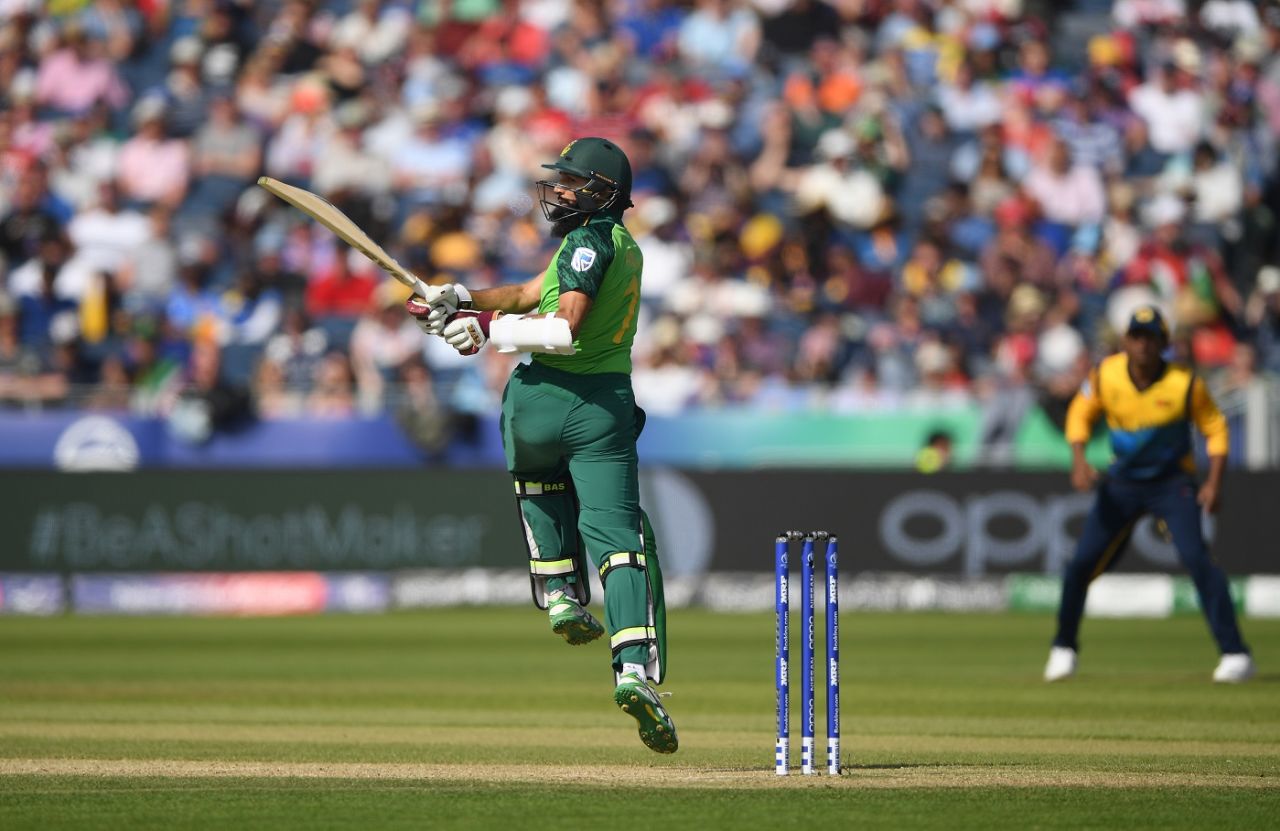 Hashim Amla plays a pull with his feet in the air, South Africa v Sri Lanka, World Cup 2019, Chester-le-Street, June 28, 2019